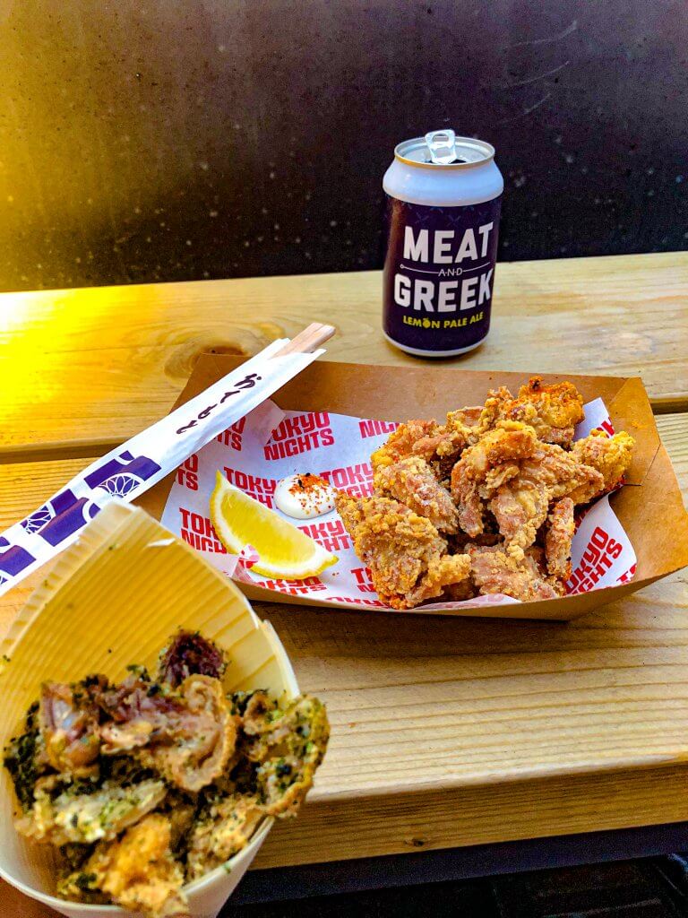 Tokyo Nights chicken dishes with chopsticks and Meat and Greek Lemon Pale Ale beer can at Goodsheds Barry