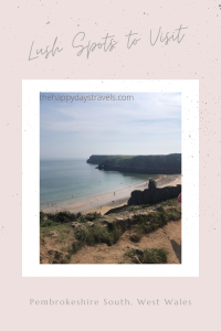 Pin image for lush places to visit in Pembrokeshire South, West Wales. Pink background, grey writing with picture of barafundle bay in centre.