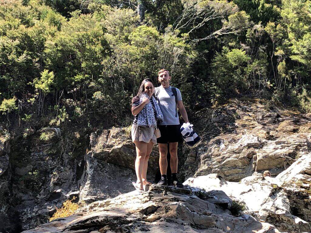 Salisbury Falls in New Zealand. Scott and Me Posing on a Rock