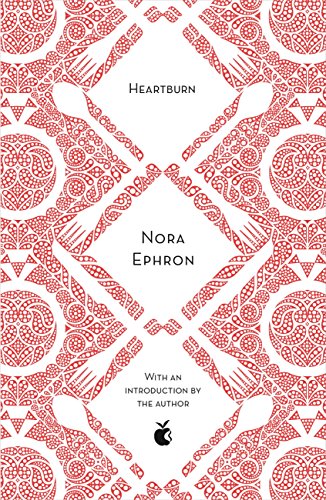 book cover for heartburn by Nora Ephron. Pink and White background with knives and forks crossing. Image for fair use for my book reviews from 2020.