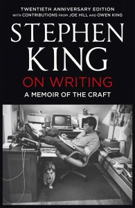 book cover for on writing by Stephen King. Picture of King at his desk with his corgi at his feet. Image for fair use for my book reviews from 2020.