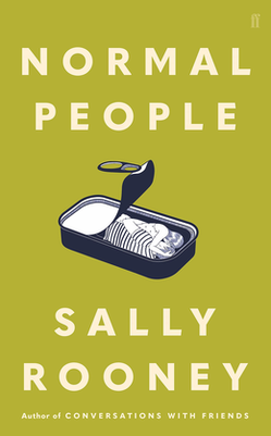 Book cover for normal people by Sally Rooney. Background is green with white/beige writing. Picture in middle of an open tin with two lovers inside. Image for fair use for my book reviews from 2020.