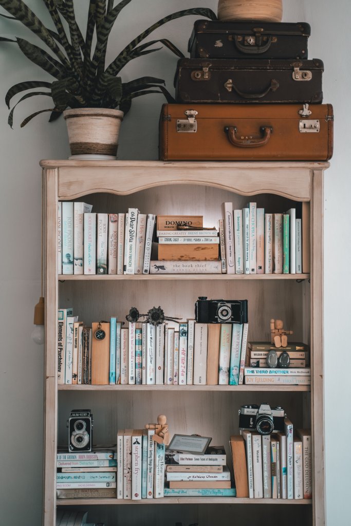 bookshelf with neutral coloured books and cameras and suitcases on top. Beige wall as backdrop.