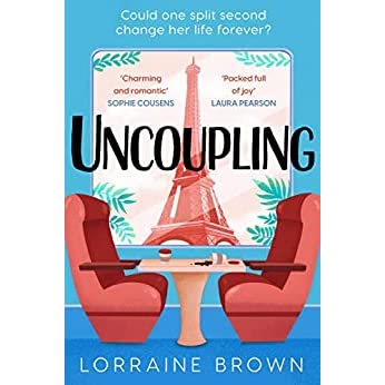 Uncoupling book cover with train seats and Eiffel Tower in back by Lorraine Brown.