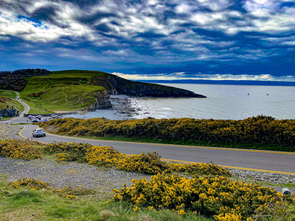 Landscape of Dunraven Bay from the path with flowers and grass in forefront, main road and the bay in the background
