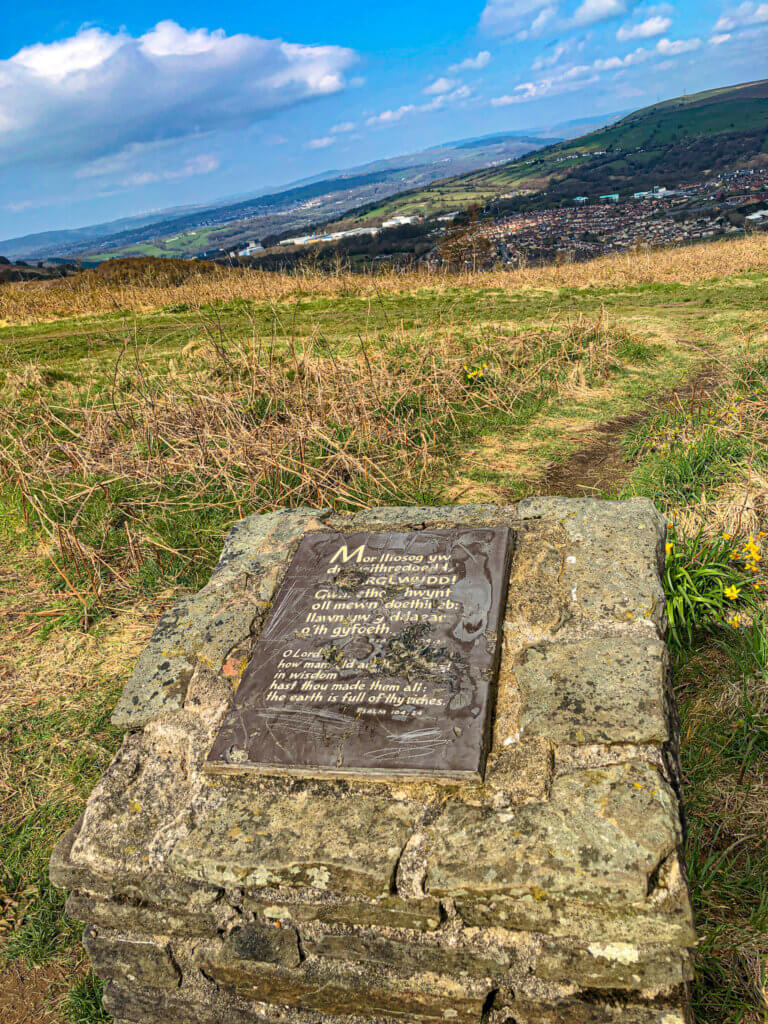 Second statue marking the top of Caerphilly Mountain walk with landscape in background 