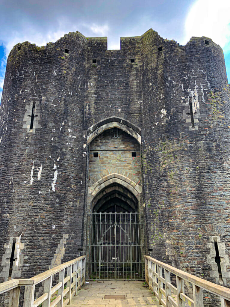 Large entrance and bridge to Caerphilly Castle