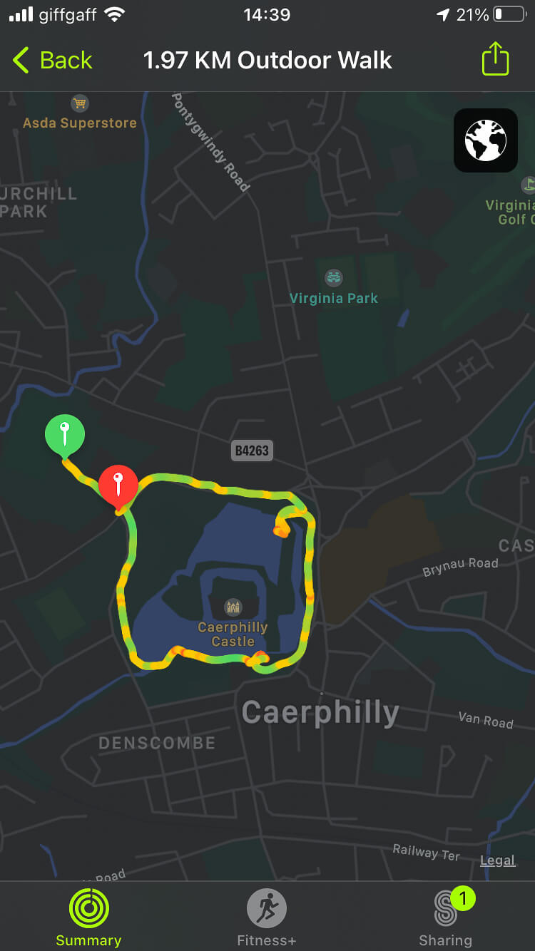 Circular Walk around Caerphilly Castle from Apple Watch Fitness App