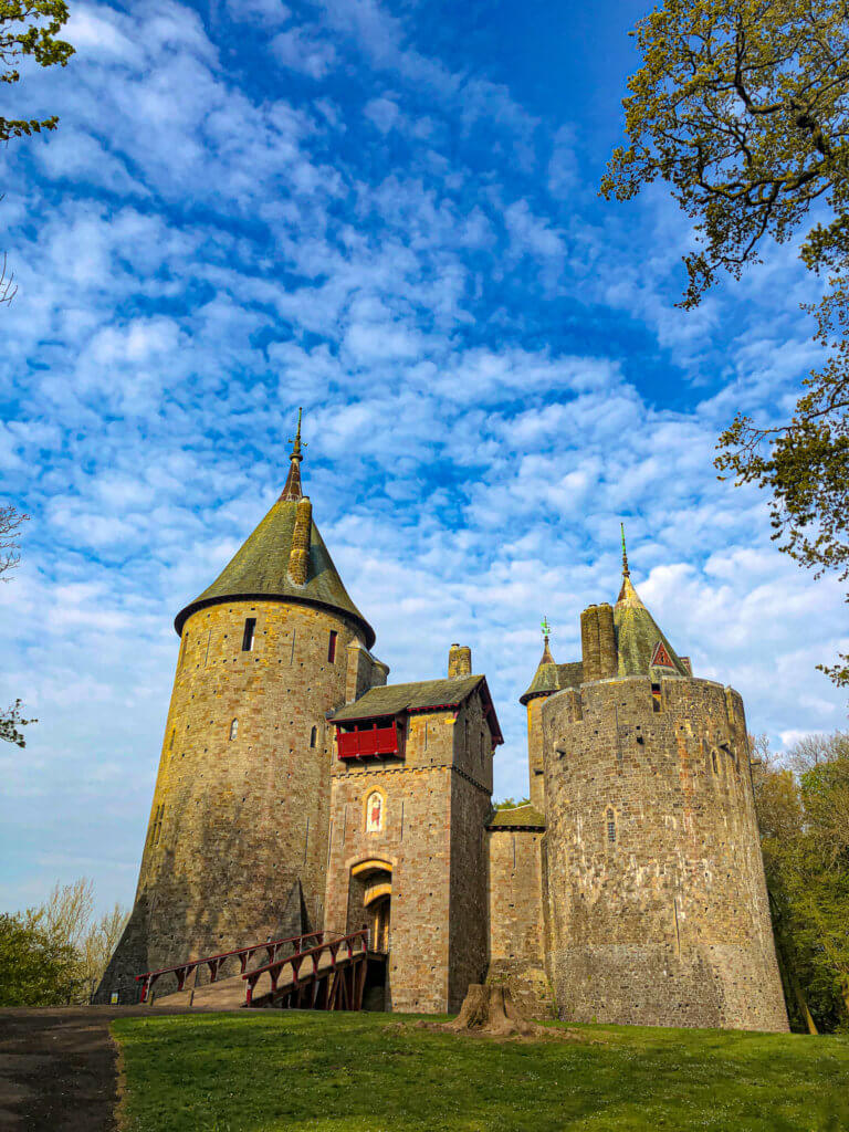 Castell Coch up close in Cardiff with blue sky in background 