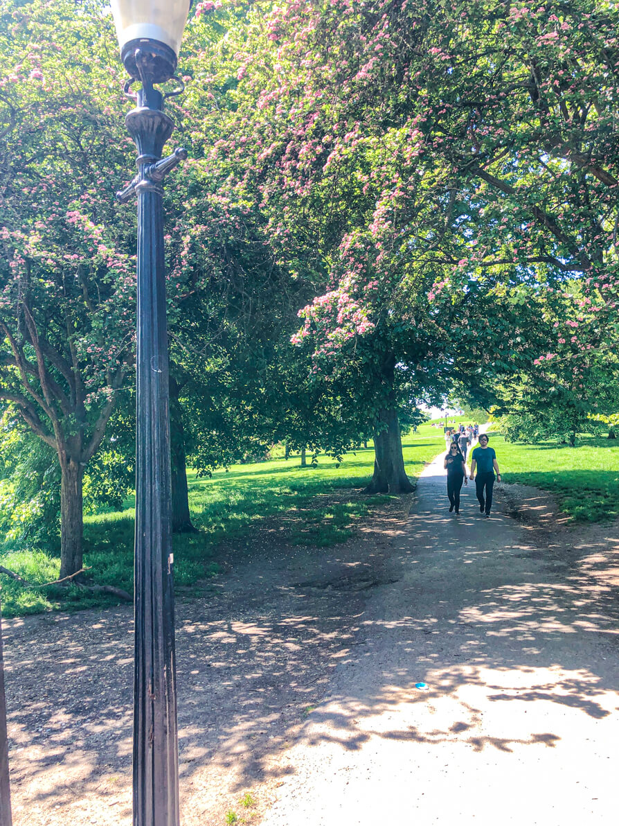 Entrance of primrose hill park with black lamp to the left, two walkers on the right and trees at the top