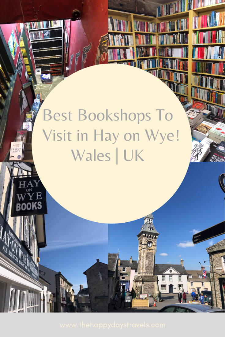Pin image for bookshop tour of Hay on Wye in Wales, UK. Four images of Hay on Wye included in pin.