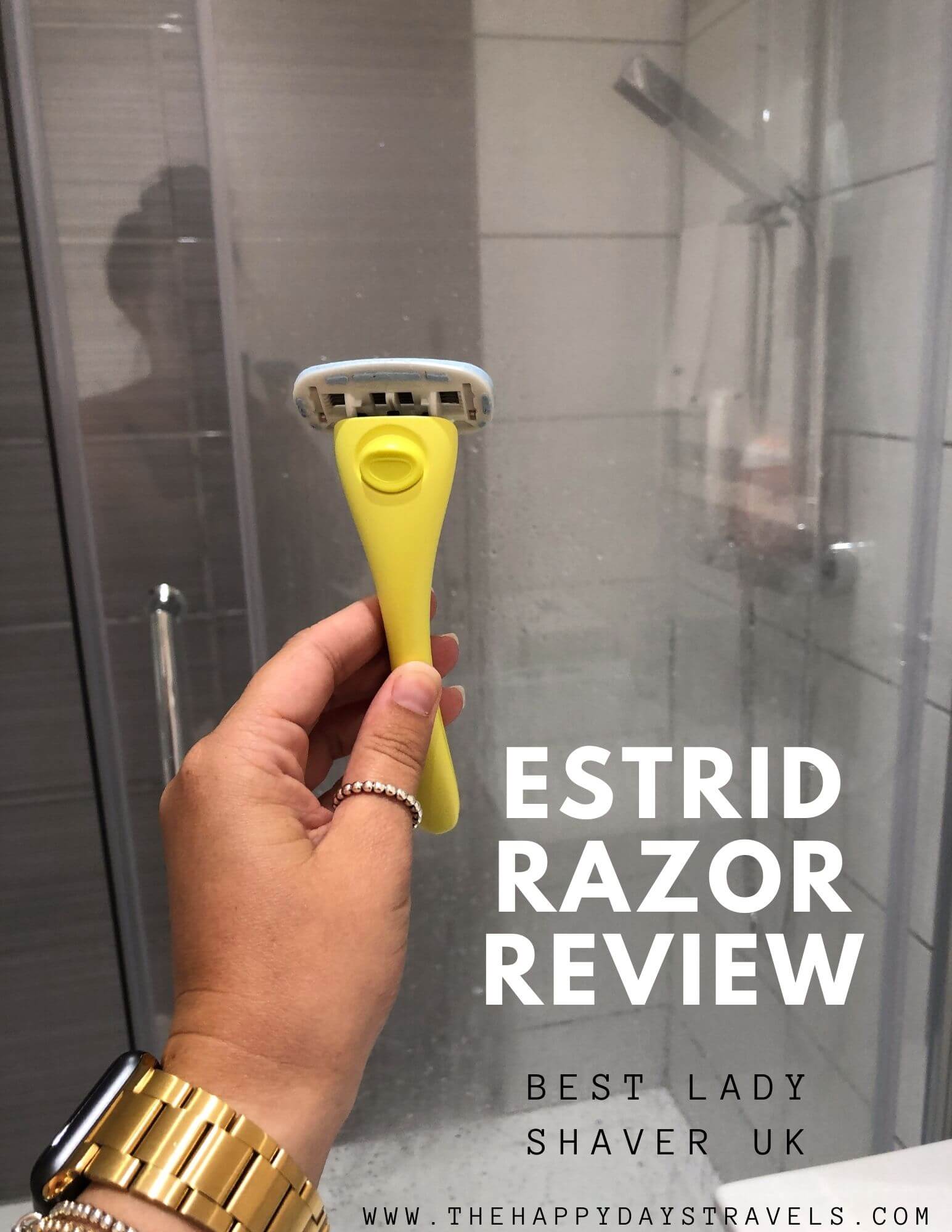Estrid razor review pin image. Left hand holding lemonade Estrid shaver against shower
