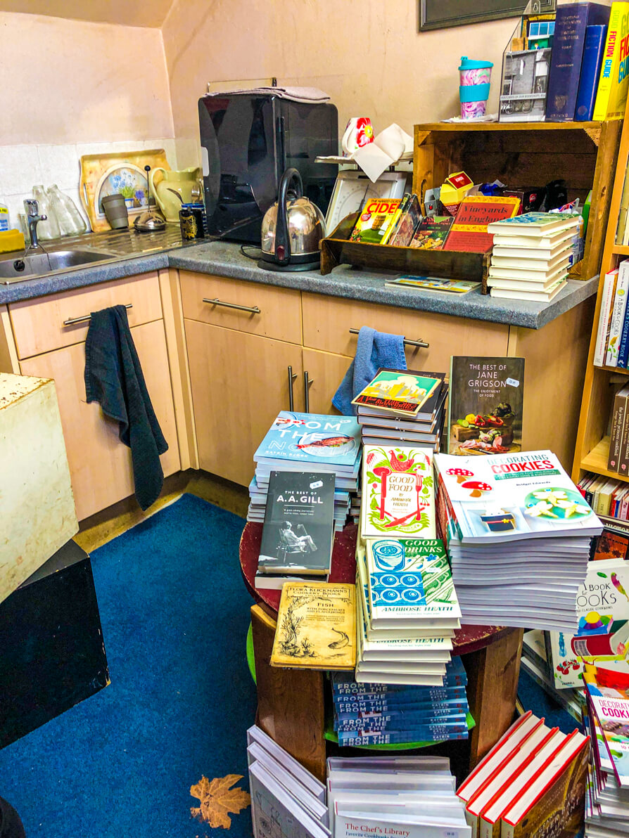 The Addyman Annexe breakout area with books overflowing every surface. Hay on Wye bookshop tour