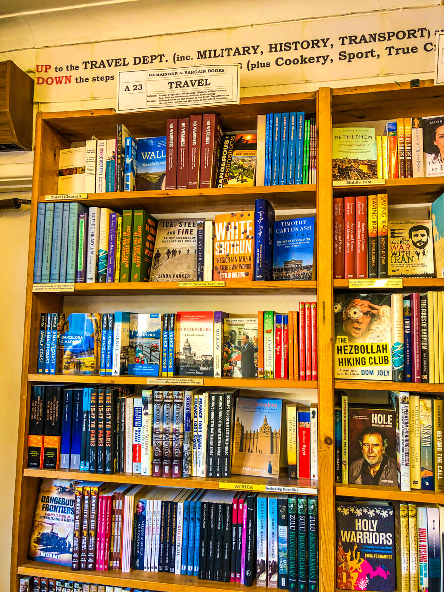 Hay Cinema Bookshop travel shelf in Hay on Wye