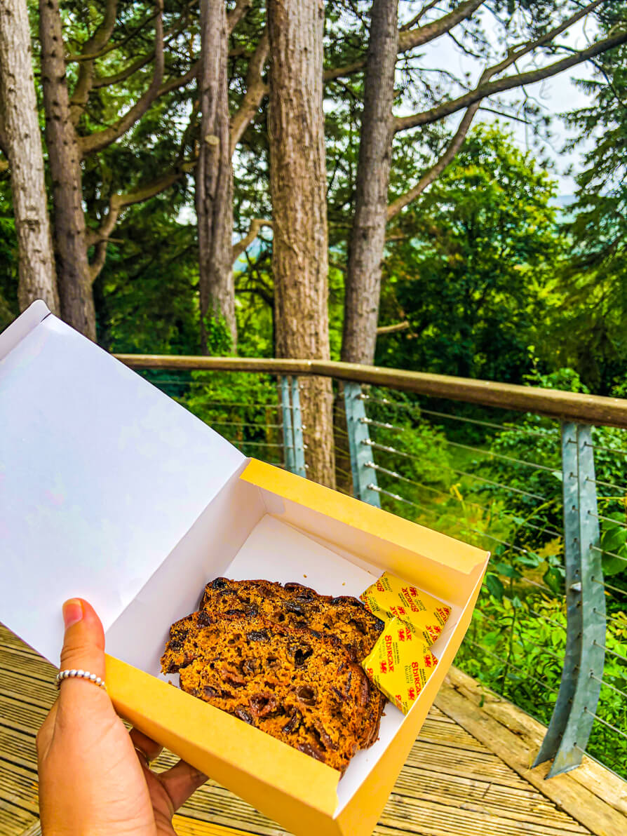 Image of Shireen's left hand holding up a yellow box with Bara Brith and butter inside. Forest and trees of Caban cafe in North Wales in background