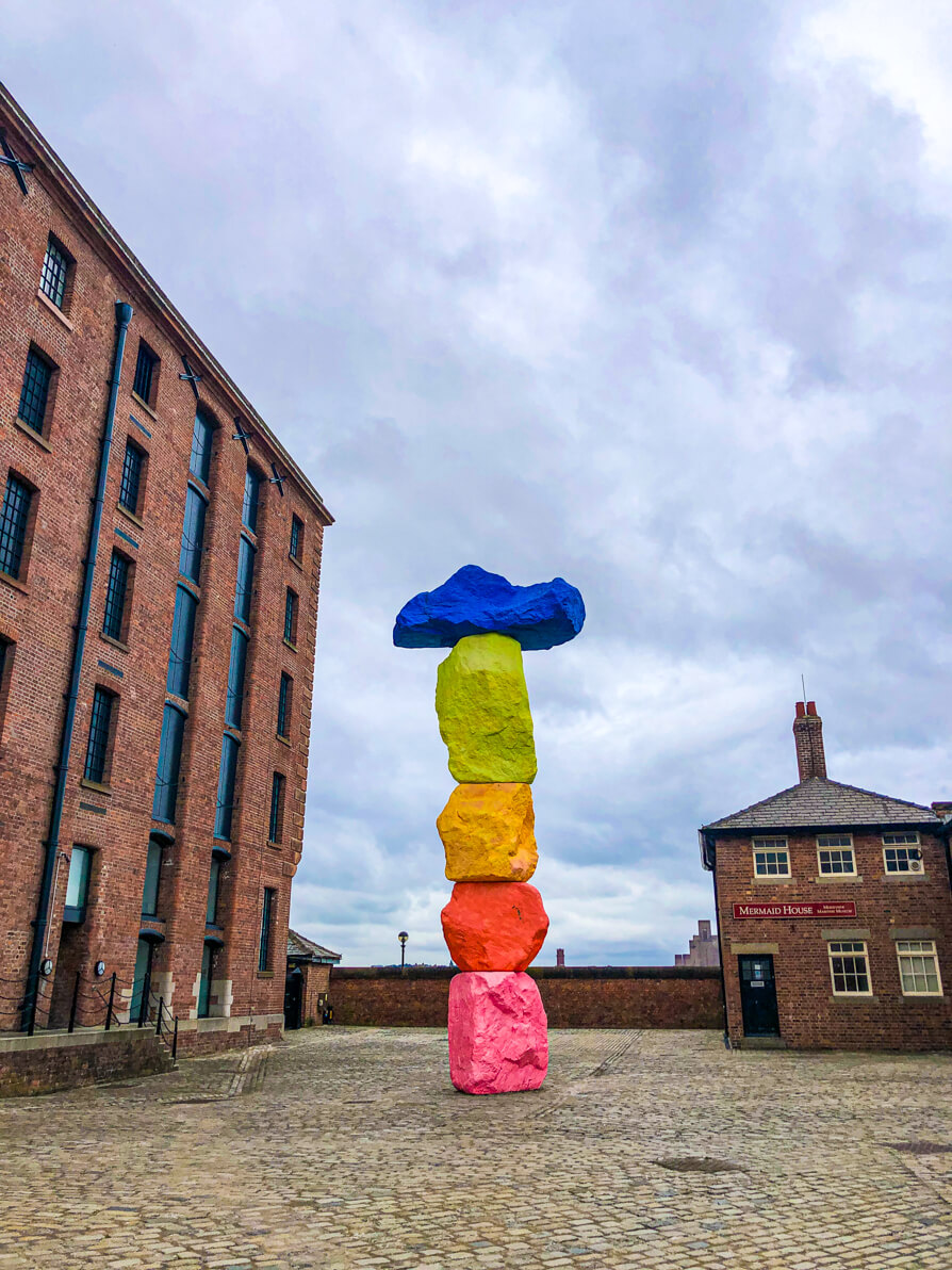 Outdoor colourful statue in Tate Museum Royal Albert Dock Liverpool