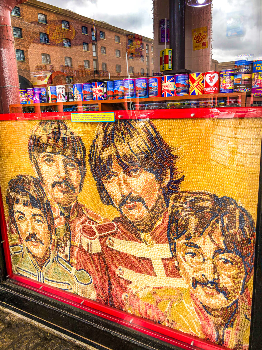 Image of The Beatles mural out of jelly beans in Liverpool