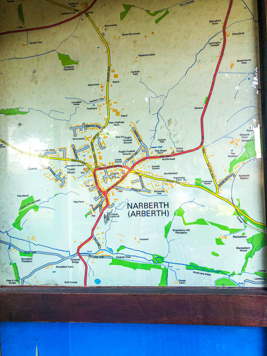 Map on notice board of Narberth town in Pembrokeshire Wales