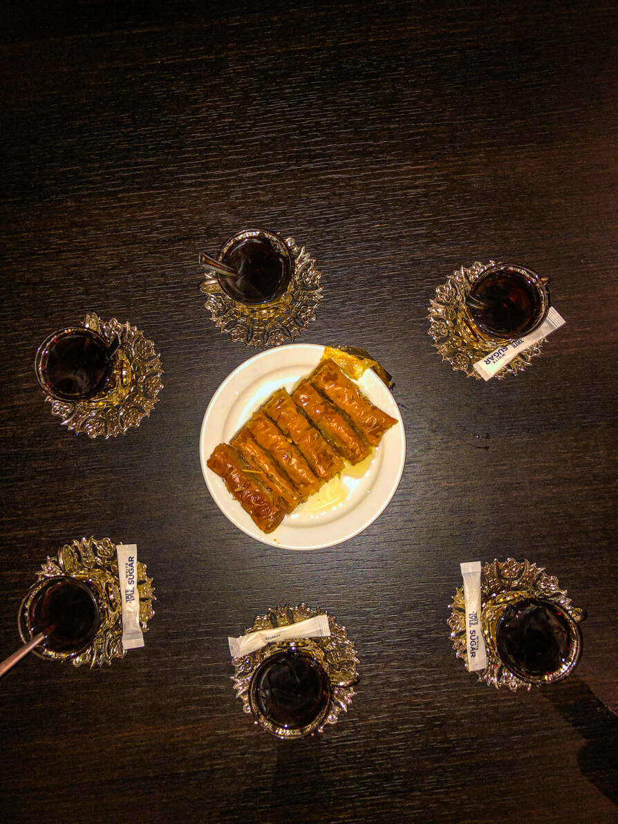 Bird's eye view of Saray free afters including 6 teas and 6 small baklava