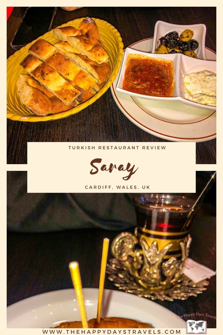 Pin image for post. Two pictures, top of starters,  bottom of afters. Centre of image reads 'Turkish Restaurant Review' 'Saray' 'Cardiff, Wales, UK'