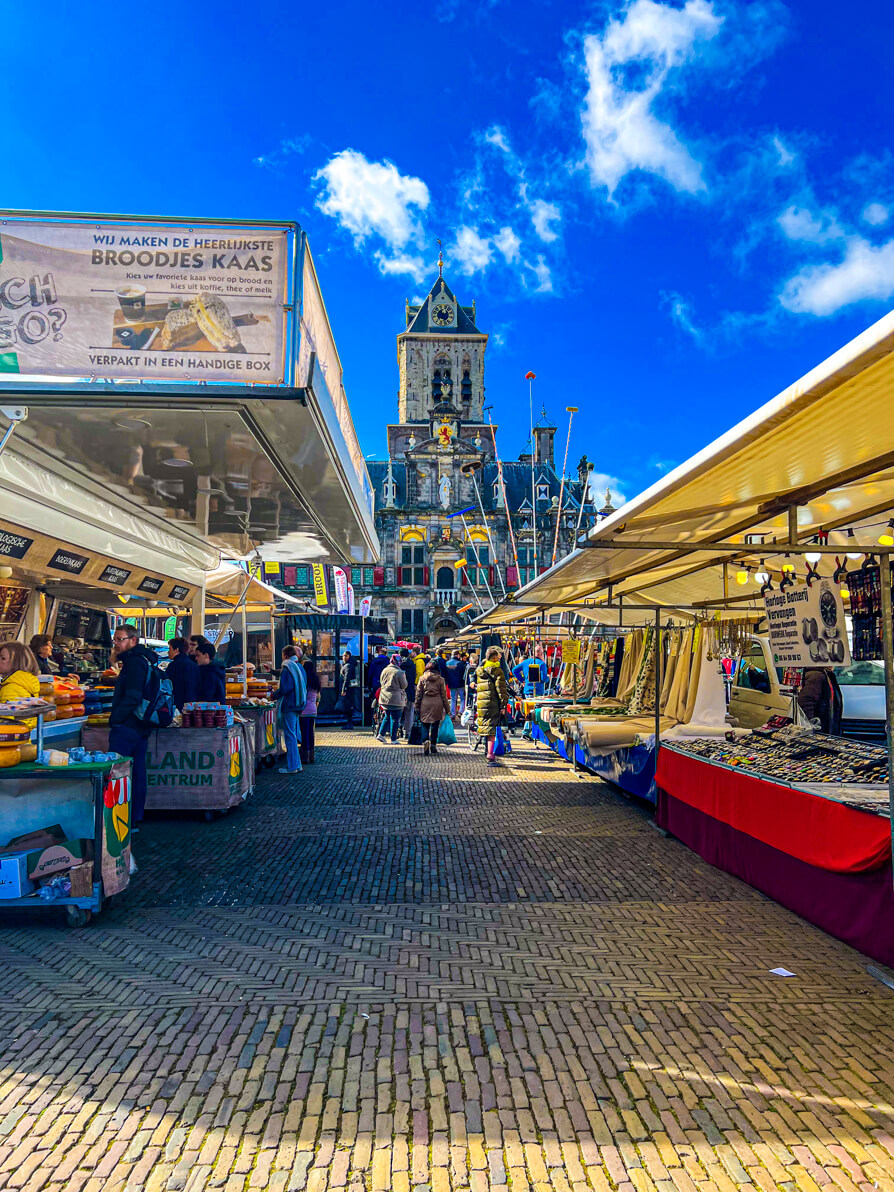 Old Church and Market on Markt Square in Delft Netherlands