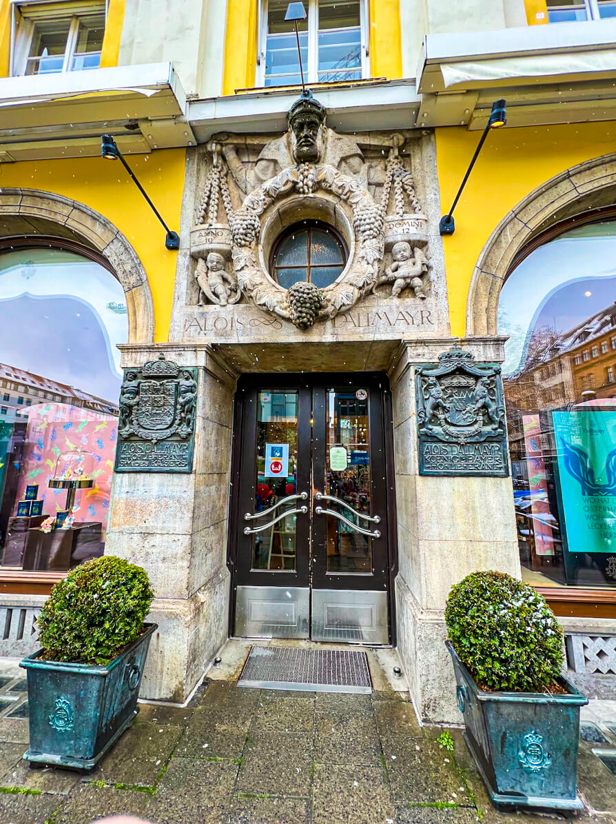 Exterior shot of the entrance to a popular deli in Munich Germany