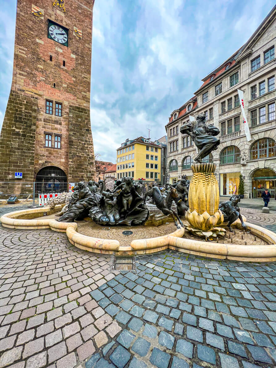 Front view of Marriage merry go round statue in Nuremberg Germany 