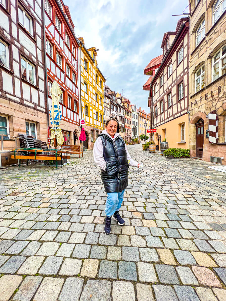 Shireen in centre of Weissgerbergasse Nurnberg Germany