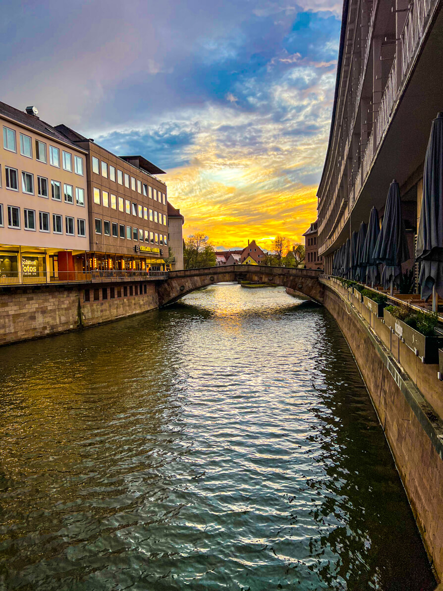 Sunset over the river in Nuremberg centre Germany