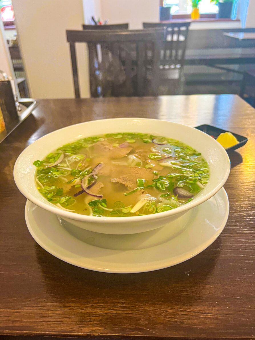 A bowl of Pho Soup in the Vietnamese restaurant in Prague