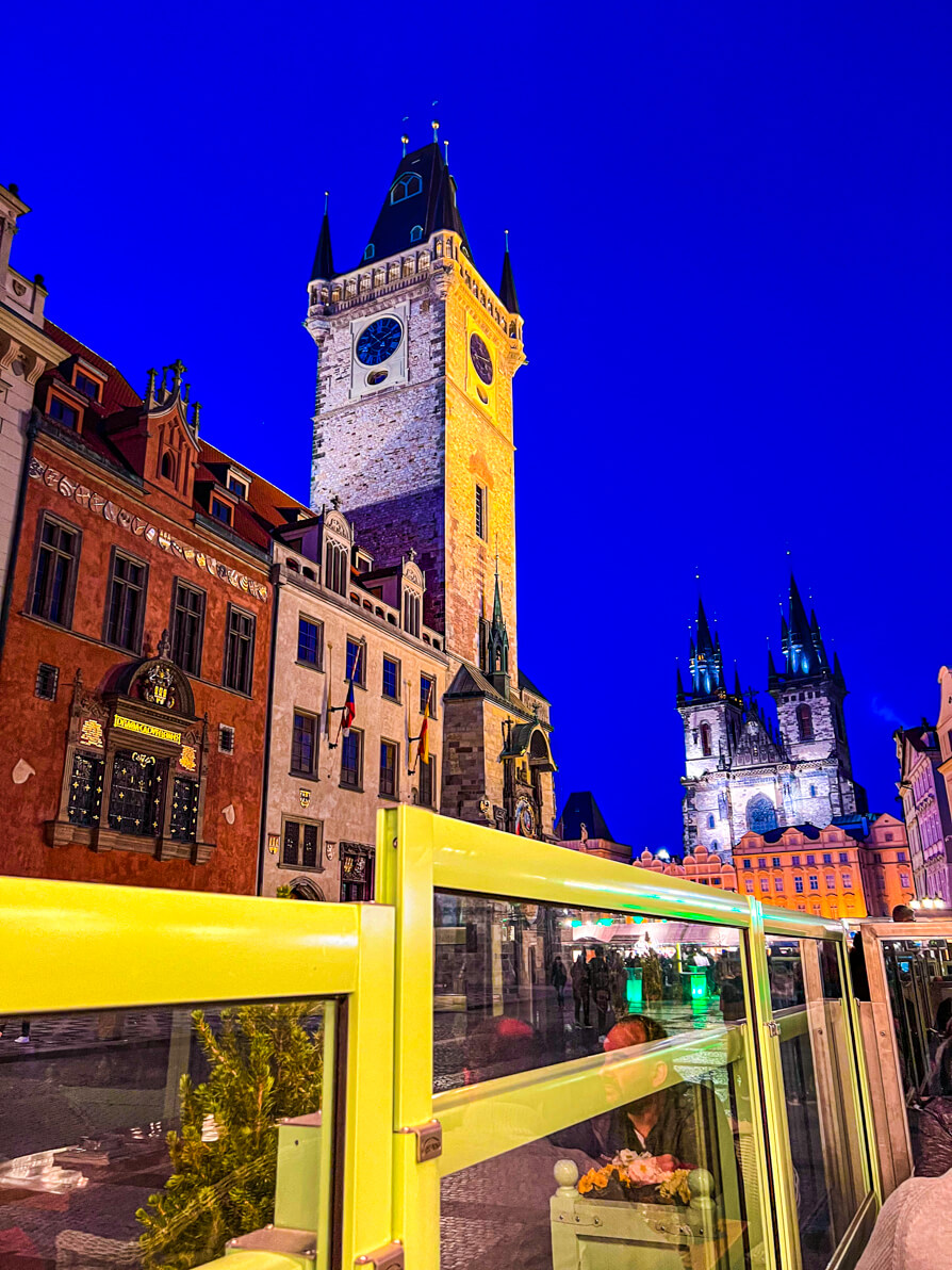Night view of the Astronomical Clock in Old Town Square Prague Czech Republic