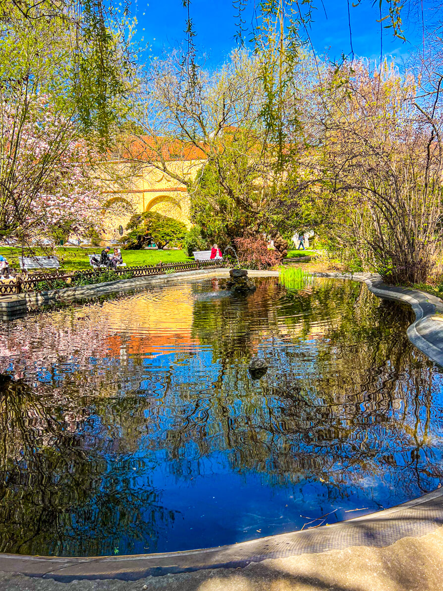 Small pond In Peacock gardens in Prague Mala Strana neighbourhood. 