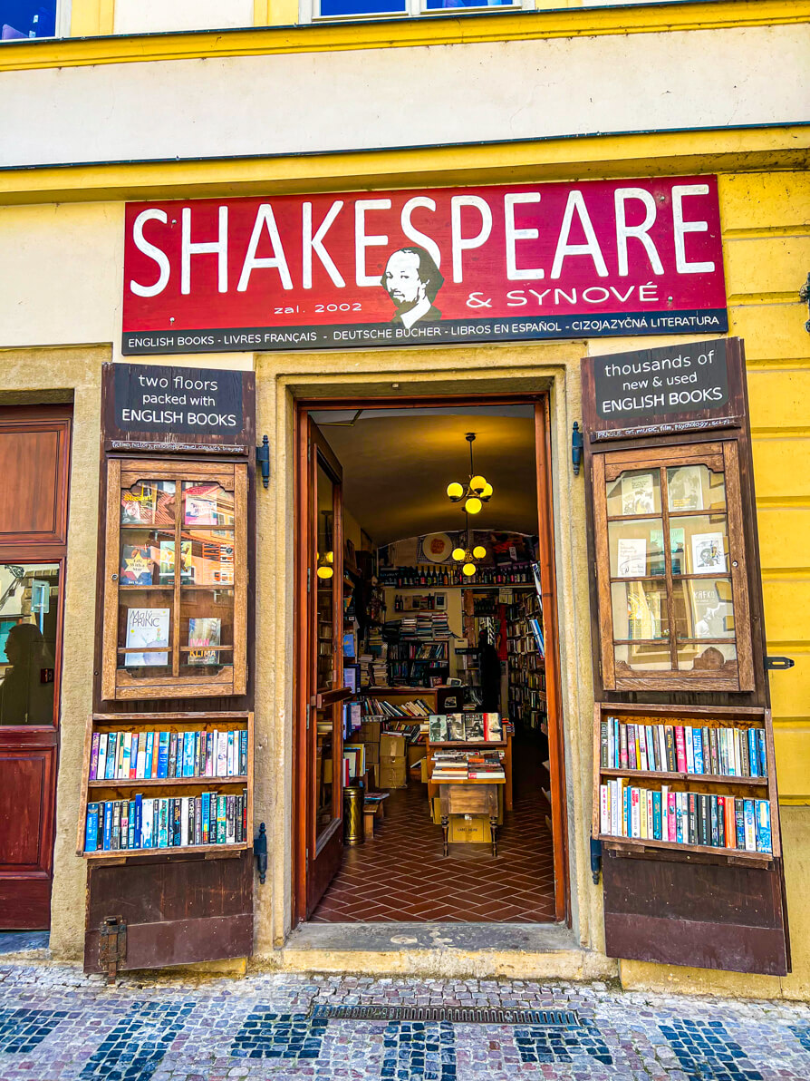 Exterior of Shakespeare and Sons bookshop in Mala Strana in Prague
