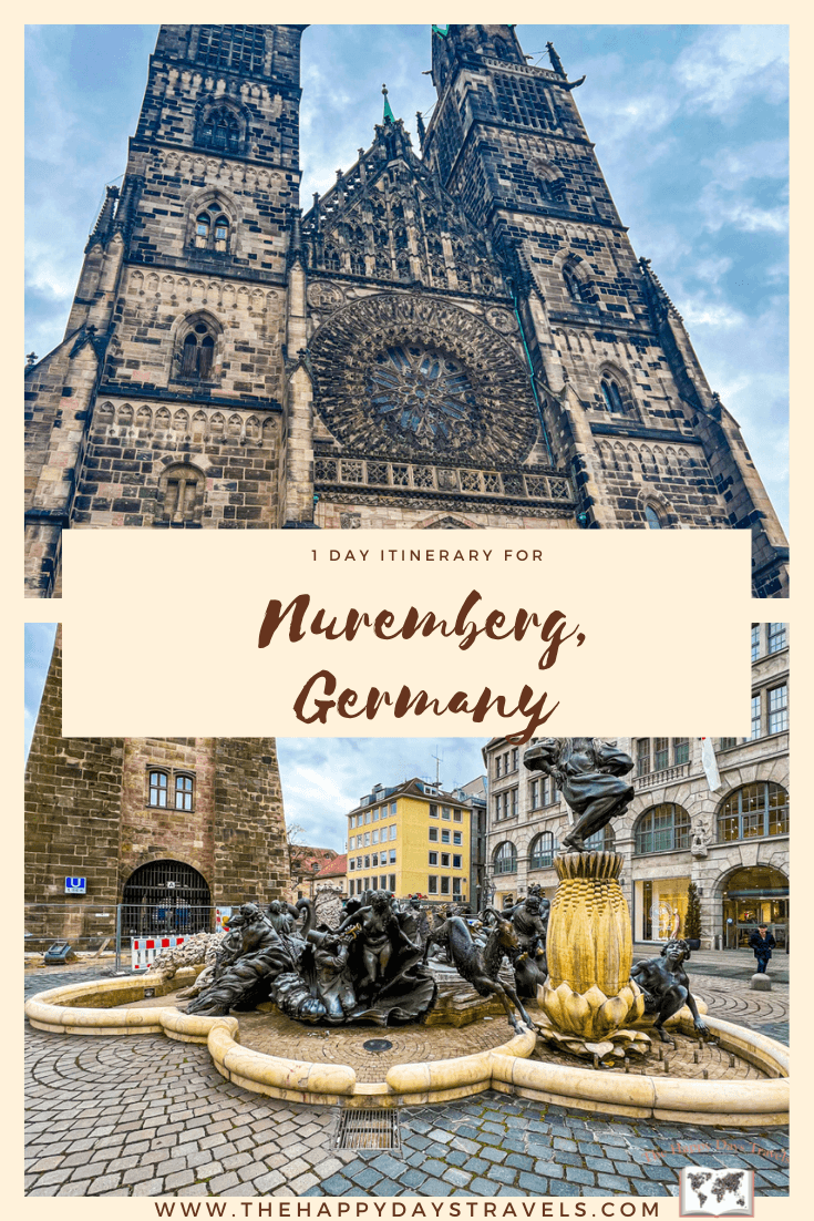 Pin image has yellow border with yellow box in centre. Text says 1 day itinerary for Nuremberg, Germany. Top picture is Lorenz Church and bottom picture is the Marriage statue