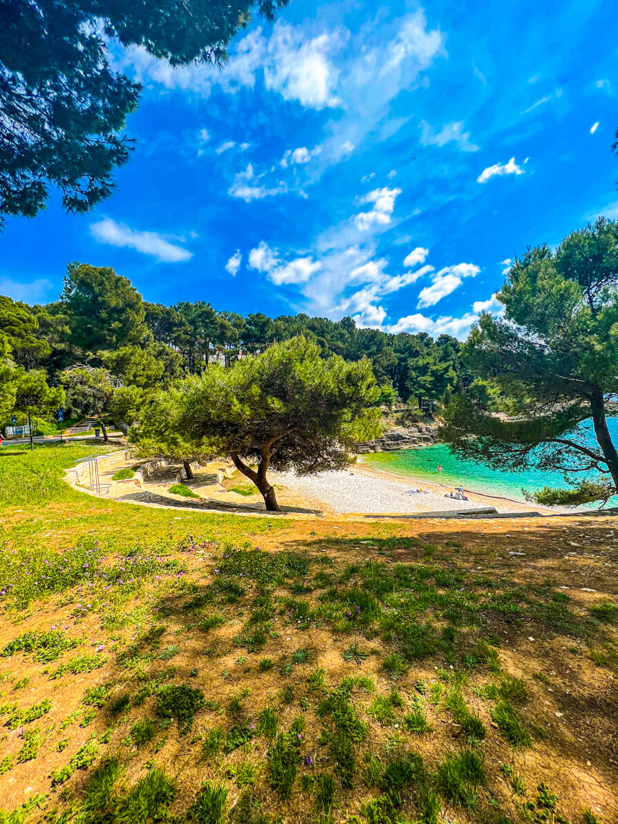 Strand Pula also known as Gortana Cove in Stoja Pula Croatia from the path with grass, trees at front
