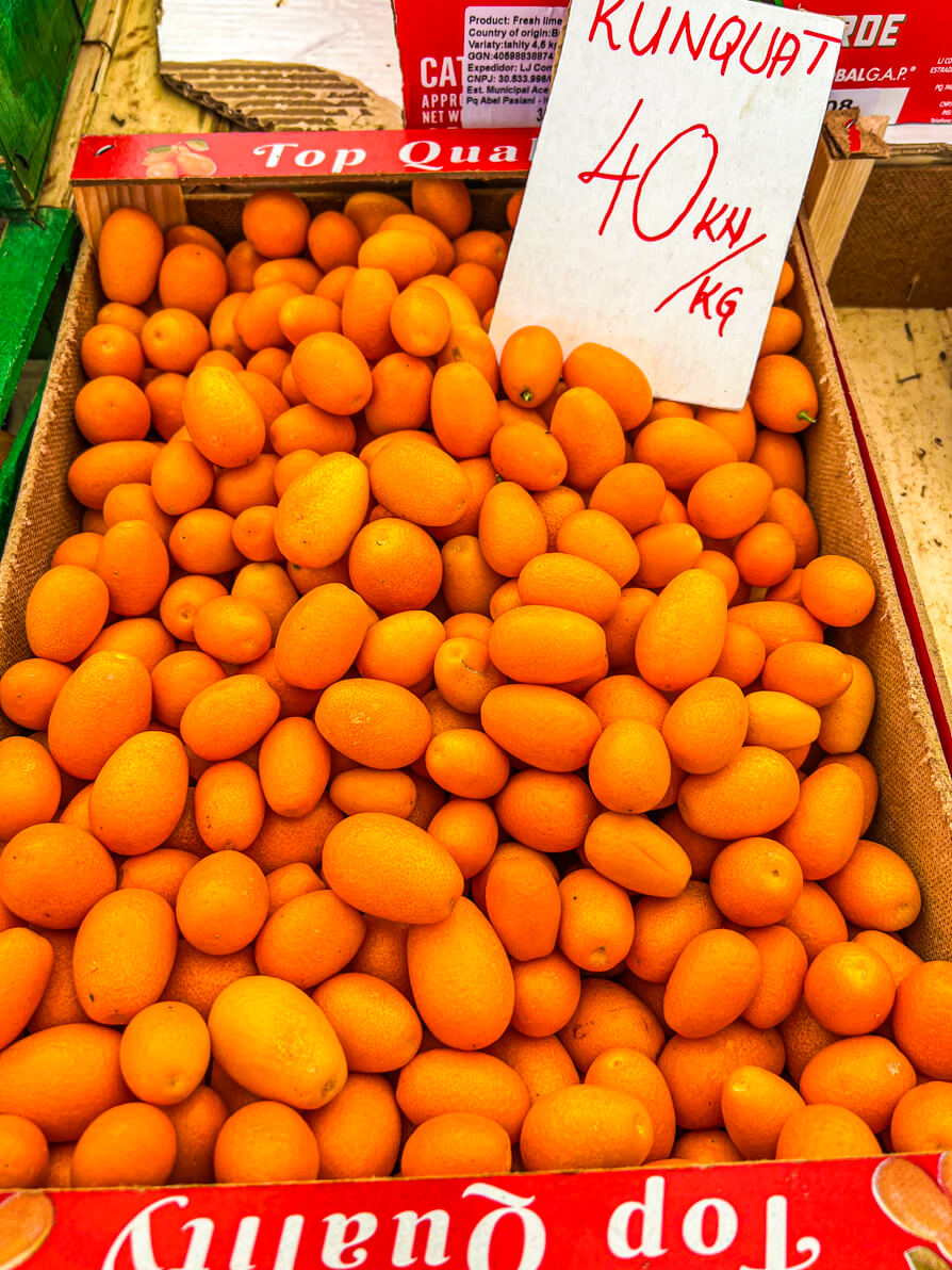 Image of Kunquat fruit with Kunquat sign in Zadar Green Market Croatia