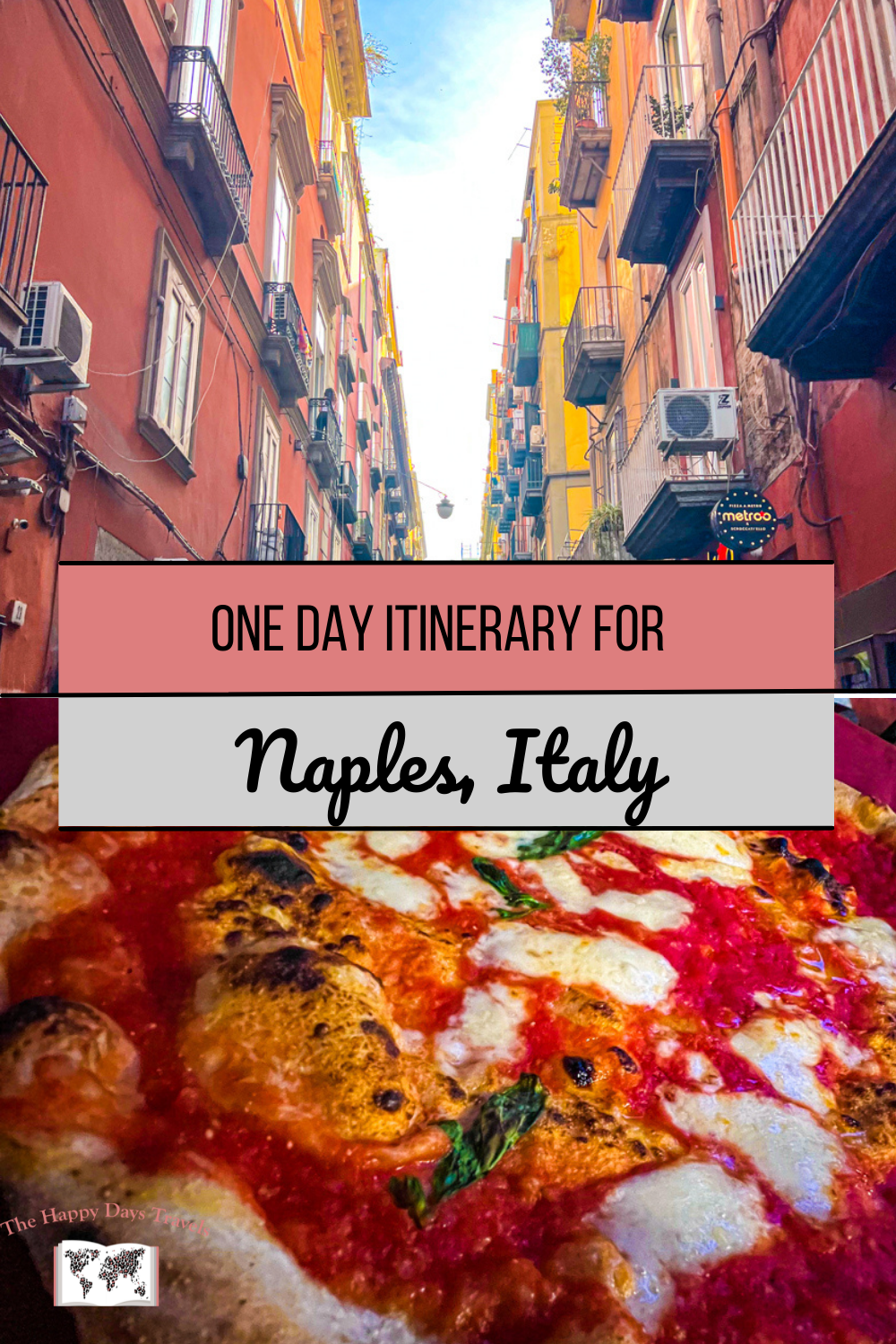 pin image text reads 'one day itinerary for Naples, Italy'. top image of a Naples street and bottom image of a Naples pizza