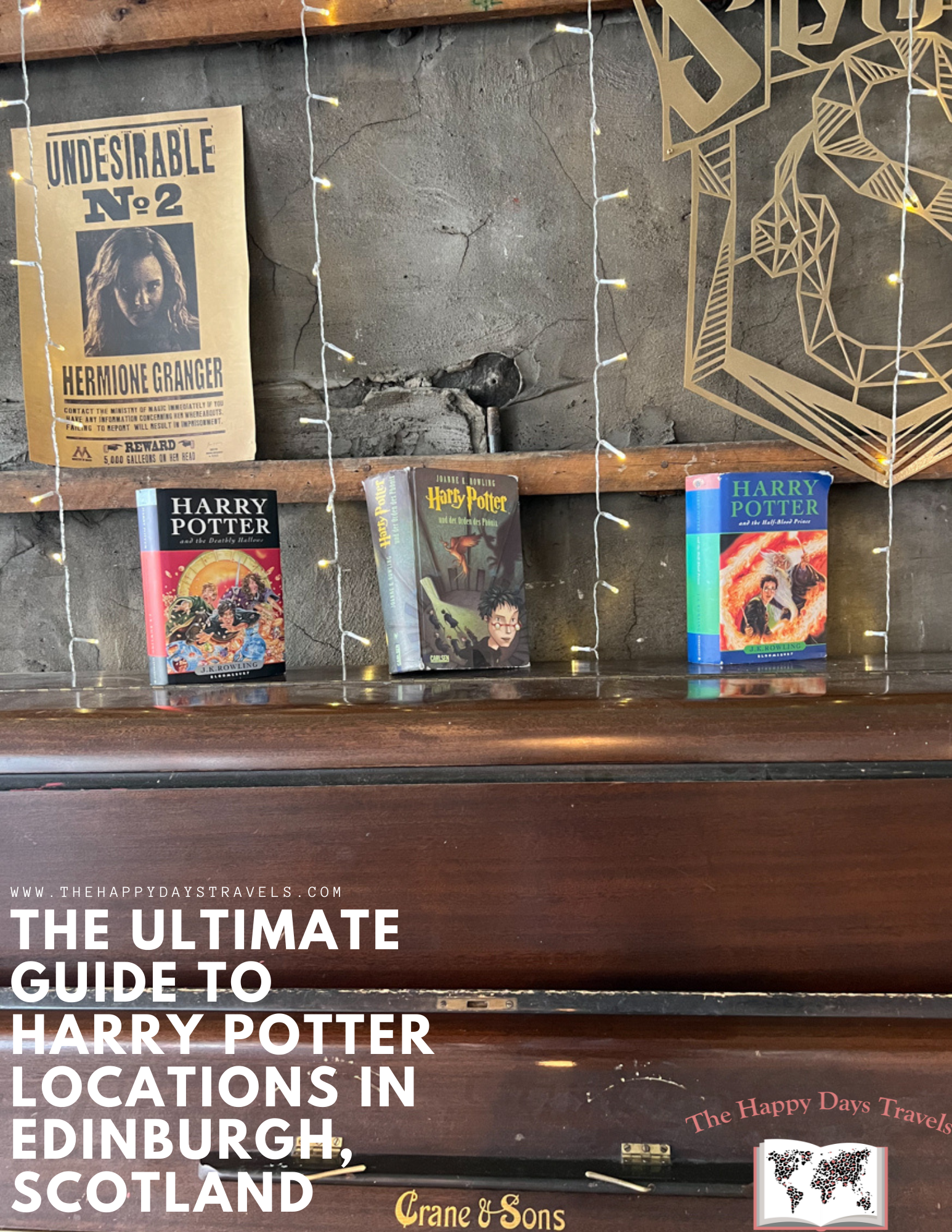 Pin image for 'The Ultimate Guide to Harry Potter Locations in Edinburgh, Scotland' with HP books on a piano picture from Nicolsons Cafe in Edinburgh