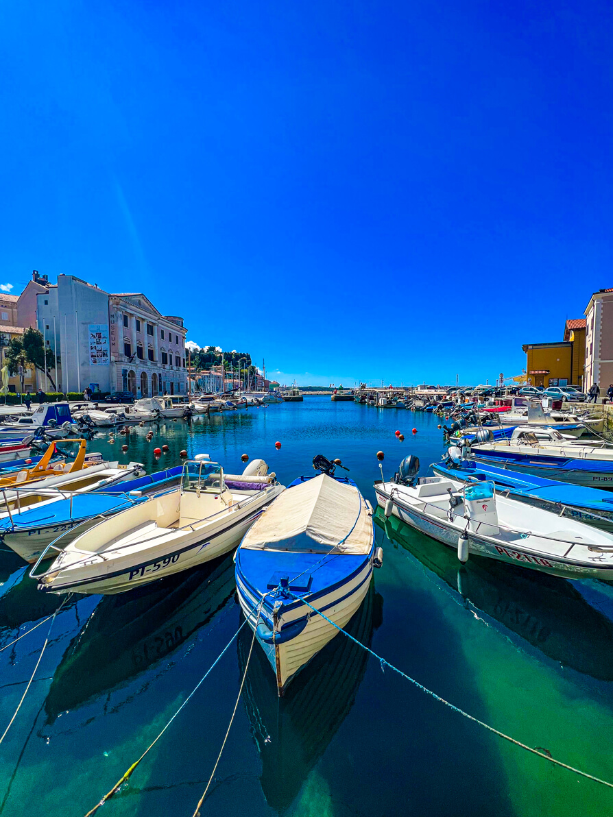 Image of Piran harbour showing three white boats on transparent water with houses in background in Piran Slovenia