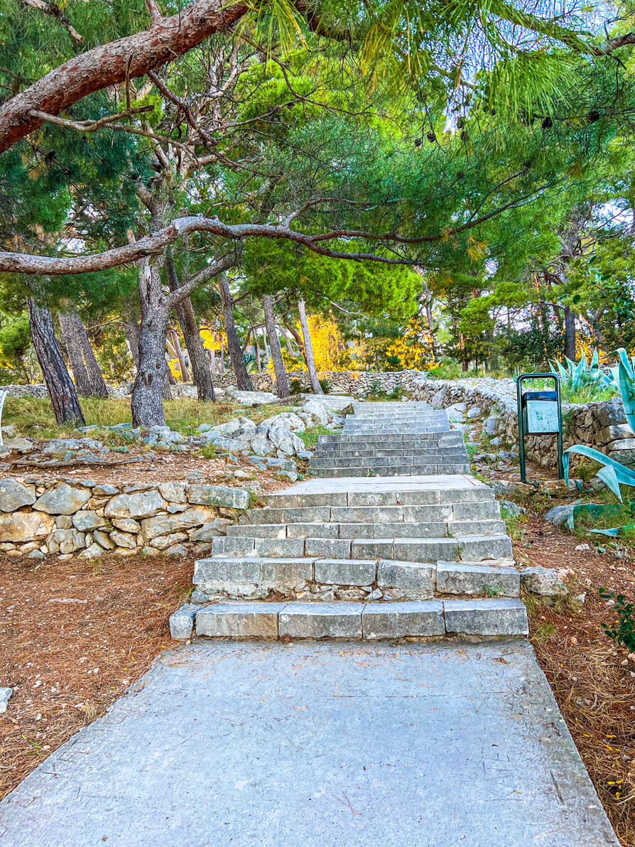 Steps in Marjan Park next to St Nicholas Church in Marjan Park for the hike to the viewpoint