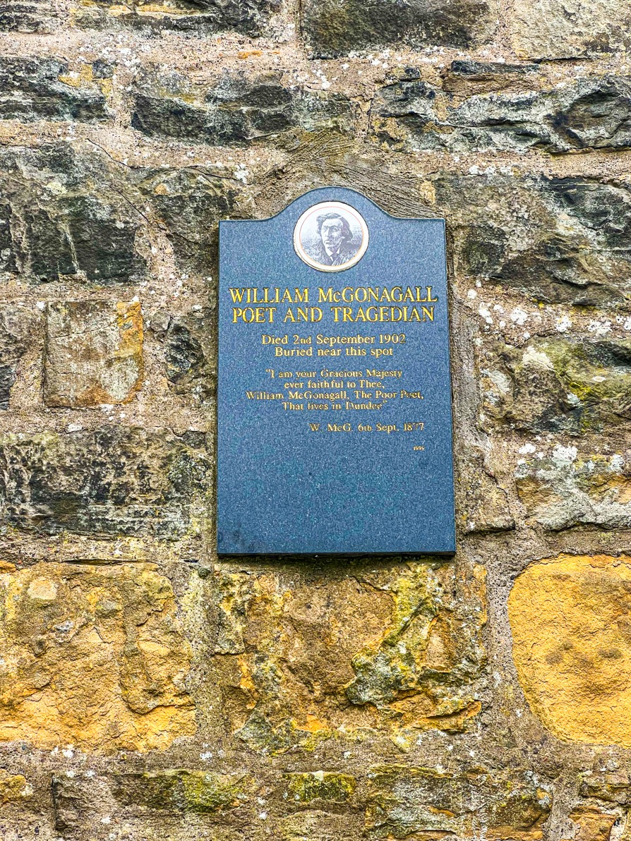The tombstone in Greyfriars Kirkyard of William McGonnagall which is allegedly the inspiration for Professor McGonagall in Harry Potter