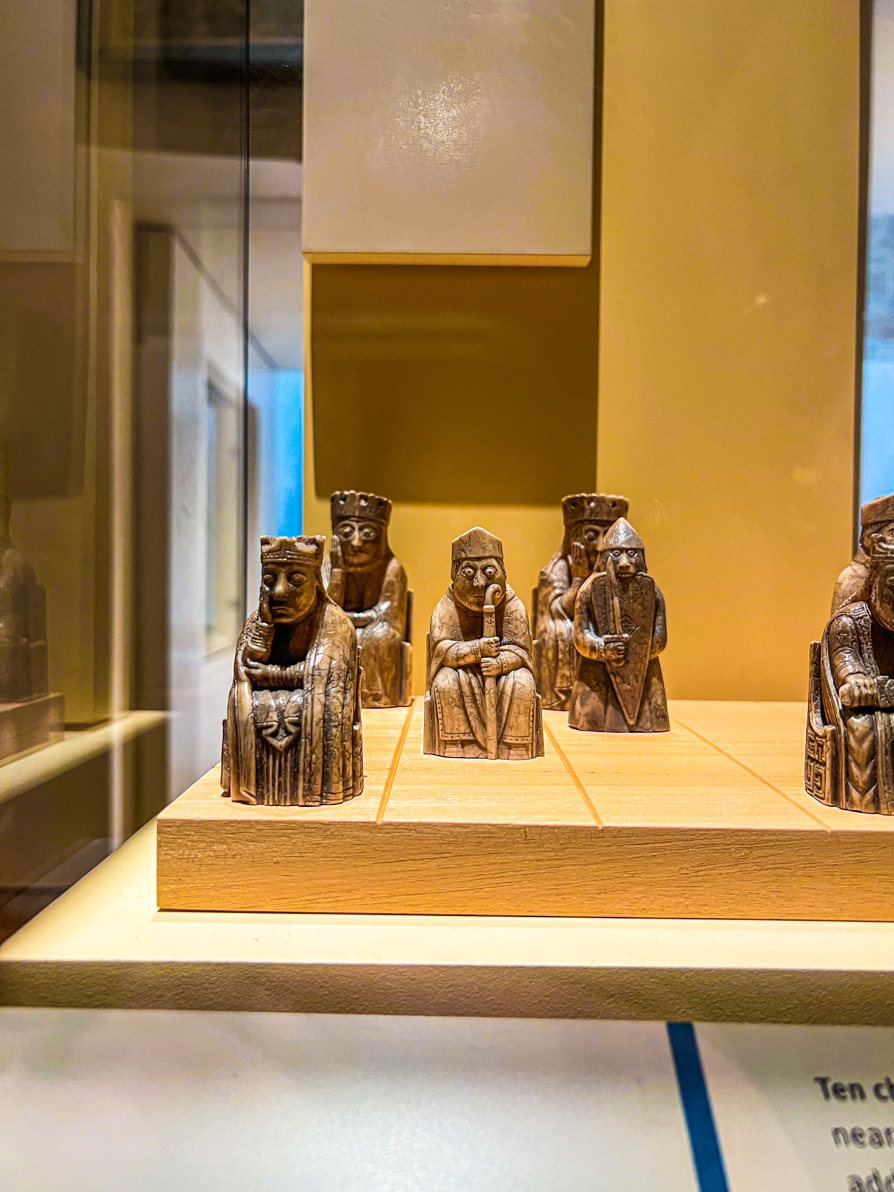 Image of Lewis Chessmen from the left hand side in National Museum of Scotland in Edinburgh