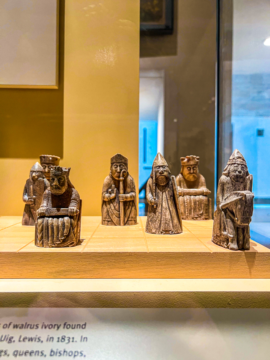 Image of Lewis Chessmen from the right hand side in National Museum of Scotland in Edinburgh