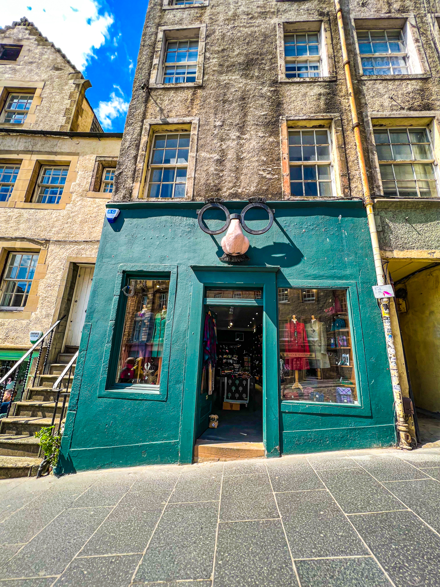 Outside shot of the old joke shop on Victoria Street. Green building with nose and glasses on top could be inspiration for Harry Potter joke shop