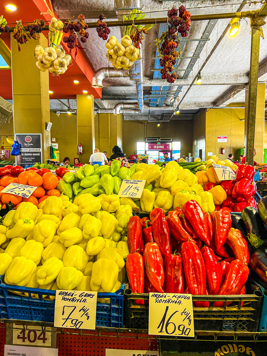 Image of colourful vegetables in the Obor market in Bucharest Romania on TravelMaker unhealthy food tour
