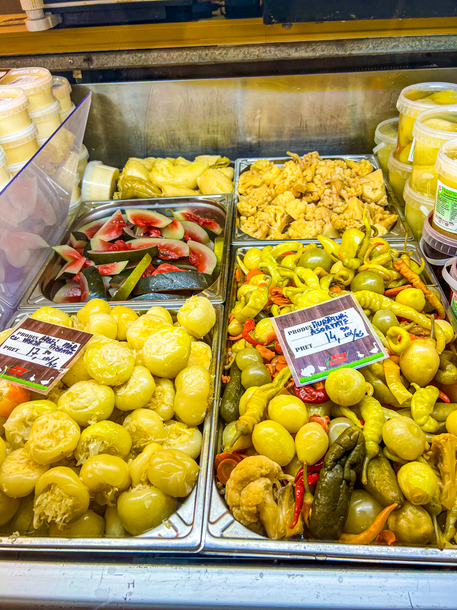 Image of pickled items in Obor market in Bucharest Romania