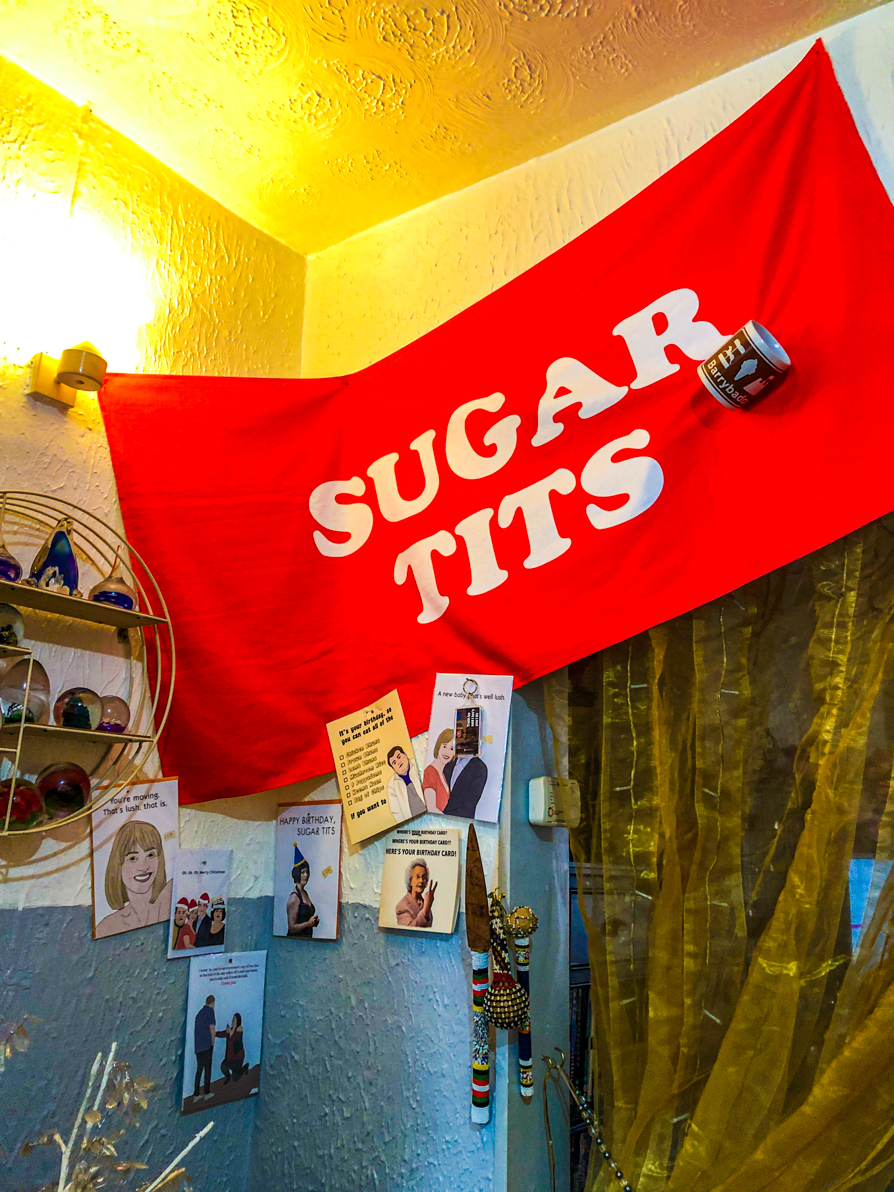 Interior of Gavin and Stacey House in Barry - Sugar Tits Towel hanging on the wall