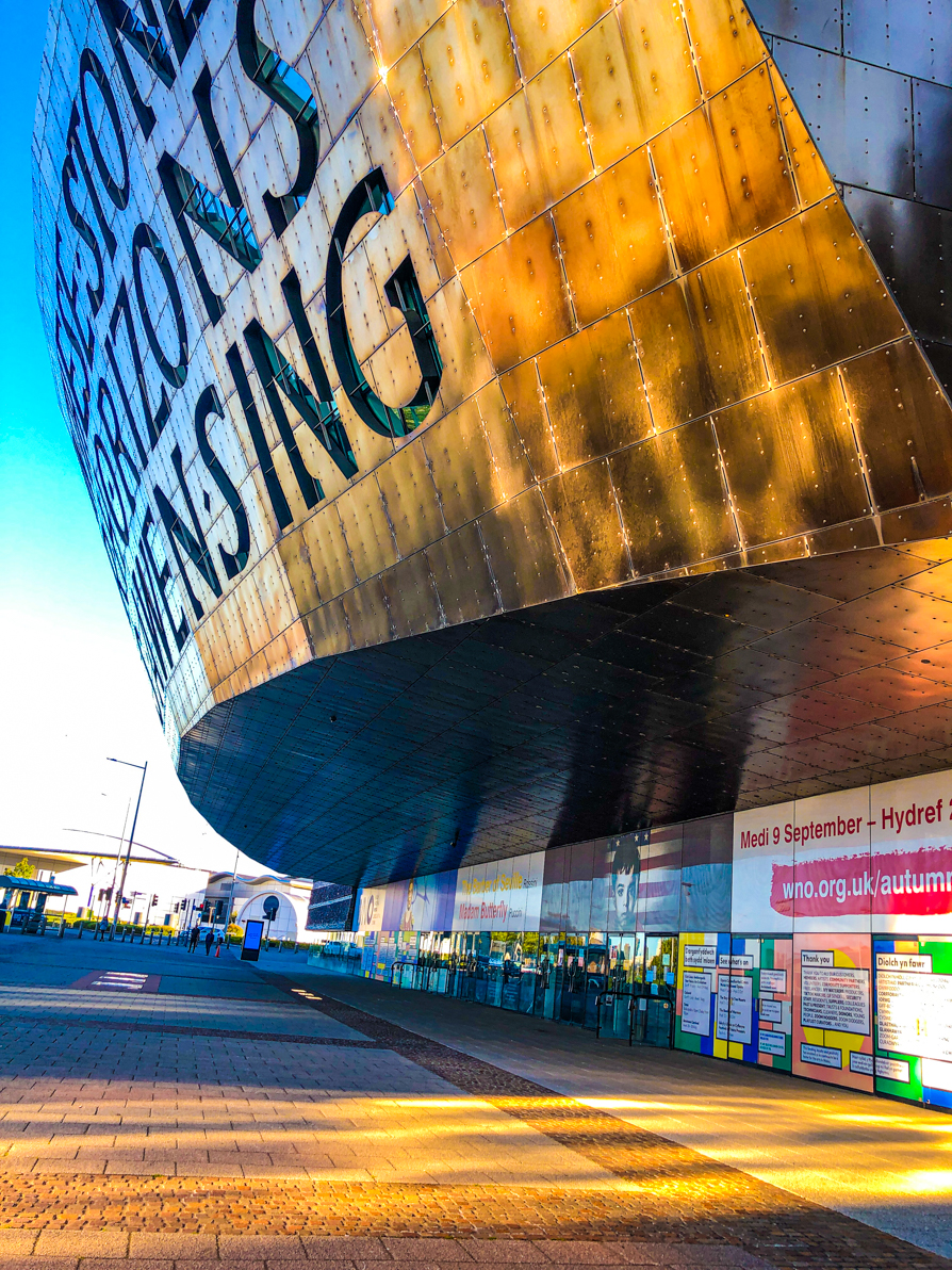Image of Wales Millennium Centre from the right hand side looking sidewards in Cardiff Wales 