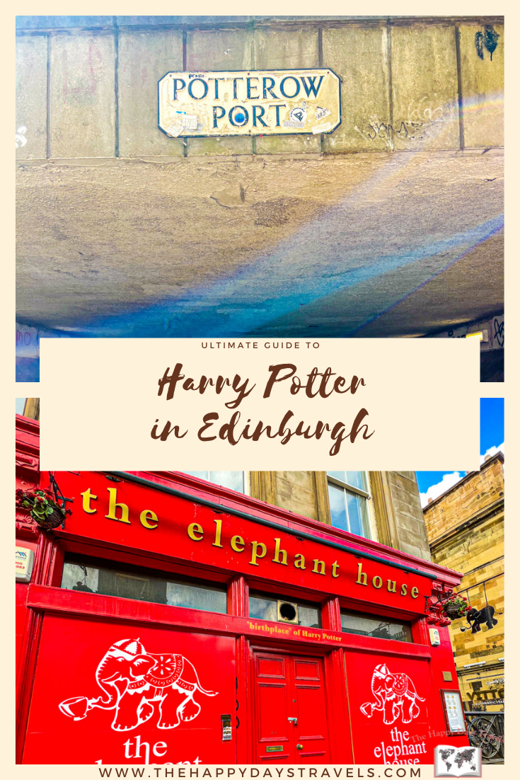 Pin image for 'Harry Potter in Edinburgh' with top image of Potterrow Port and bottom image of Elephant Cafe