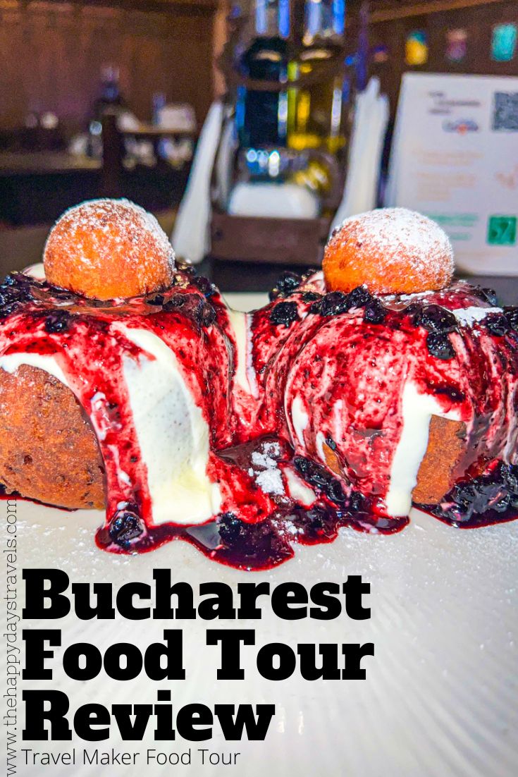 Pin image text says 'Bucharest Food Tour Review Travel Maker' with image of papanasi portion in Bucharest